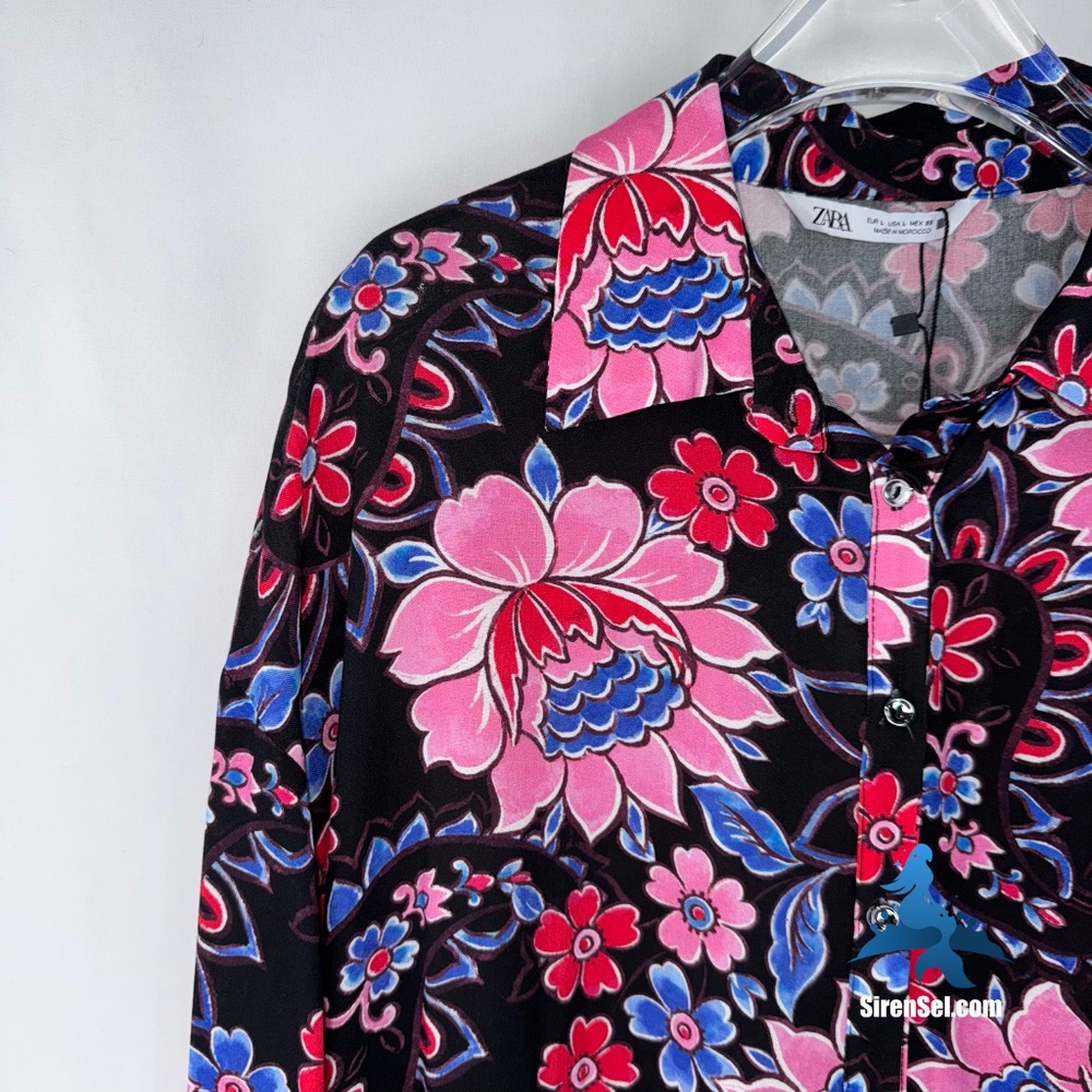 1127 NWT Zara Floral Tiered Shirt Dress Mini - L - Black Multicolor - Picture 4 of 16